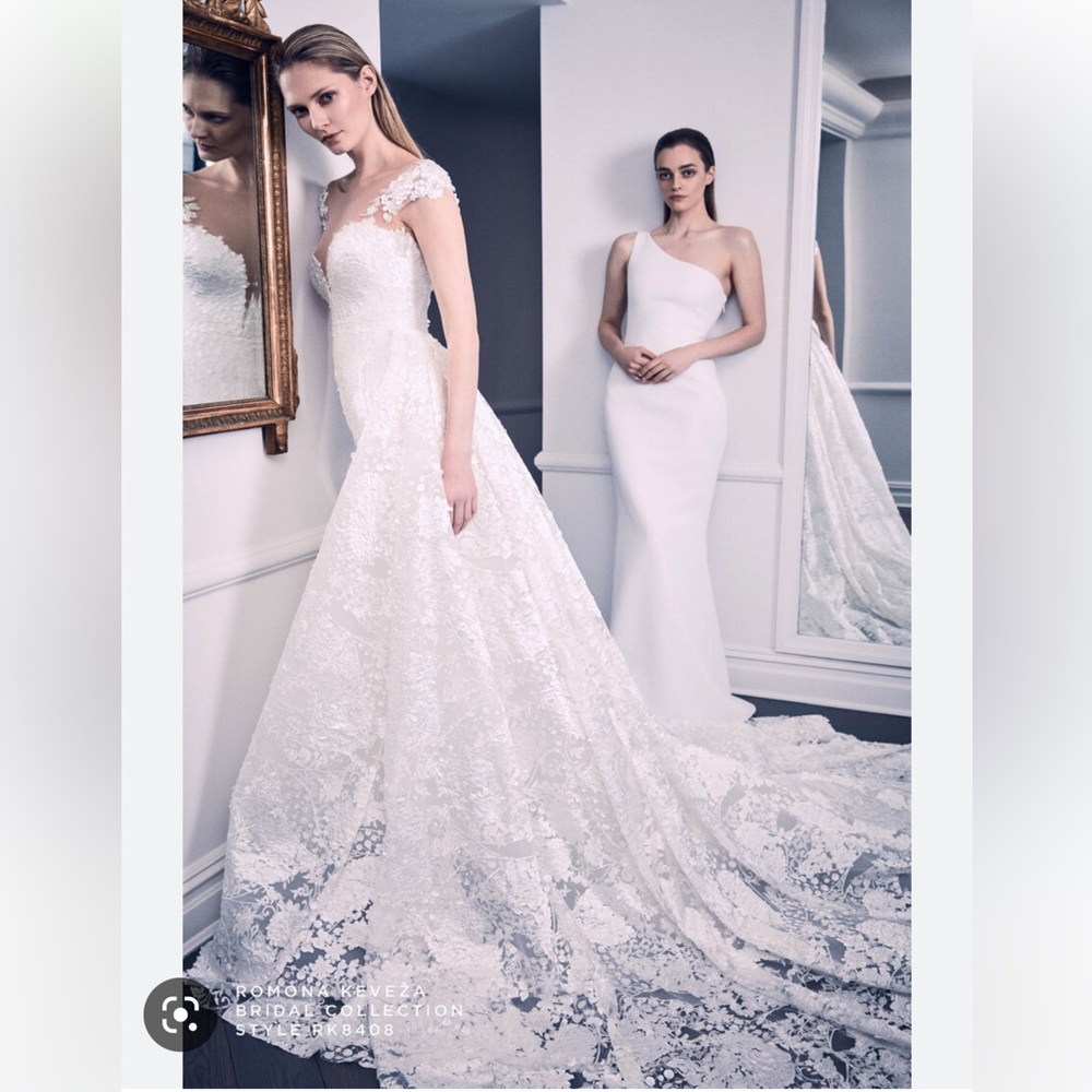 Romona Keveza Illusion Off The Shoulder Gown with 3D Flowers